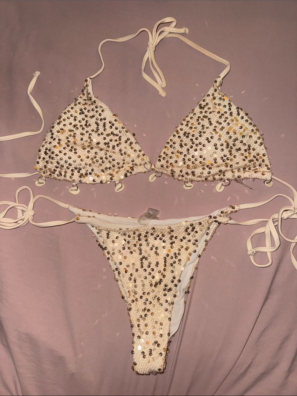 Fashion Nova White Sequin Triangle Bikini Set